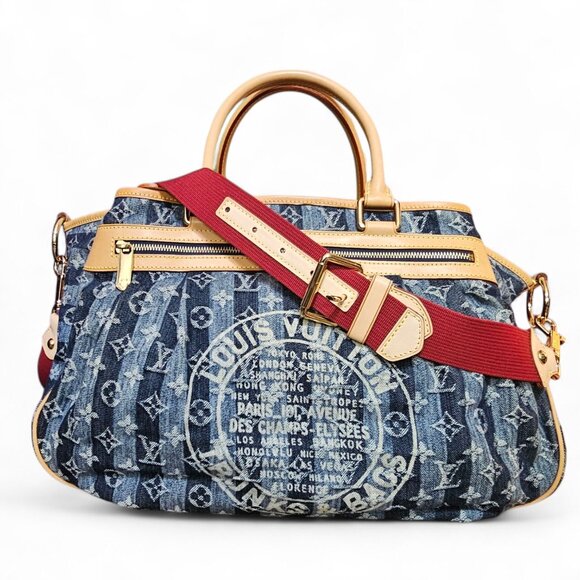 LOUIS VUITTON Monogram Denim Porte Epaule Raye Cabas GM Shoulder 2 Way Bag EUC - Picture 1 of 14